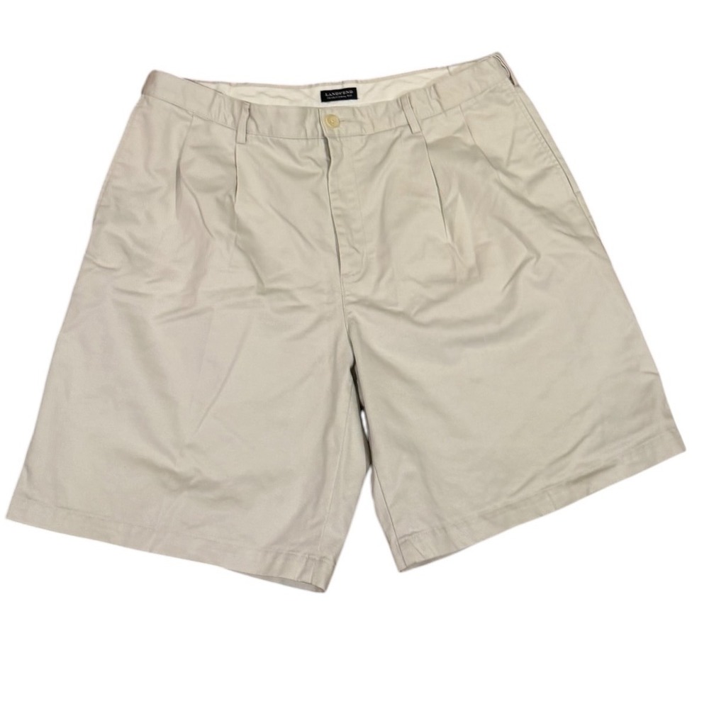 Lands End Mens 38 Traditional Fit Pleated Chino Shorts Beige Cotton Twill preppy
